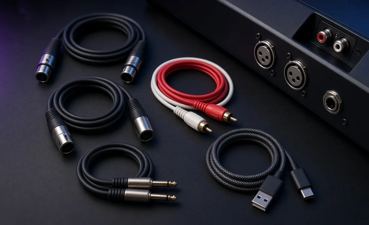 Coiled XLR, RCA, TRS and USB cables beside the rear panel of a DJ controller