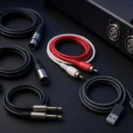 Coiled XLR, RCA, TRS and USB cables beside the rear panel of a DJ controller