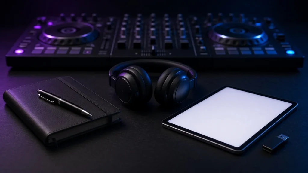 DJ controller, headphones, notebook and pen on a dark booth desk ready for booking paperwork