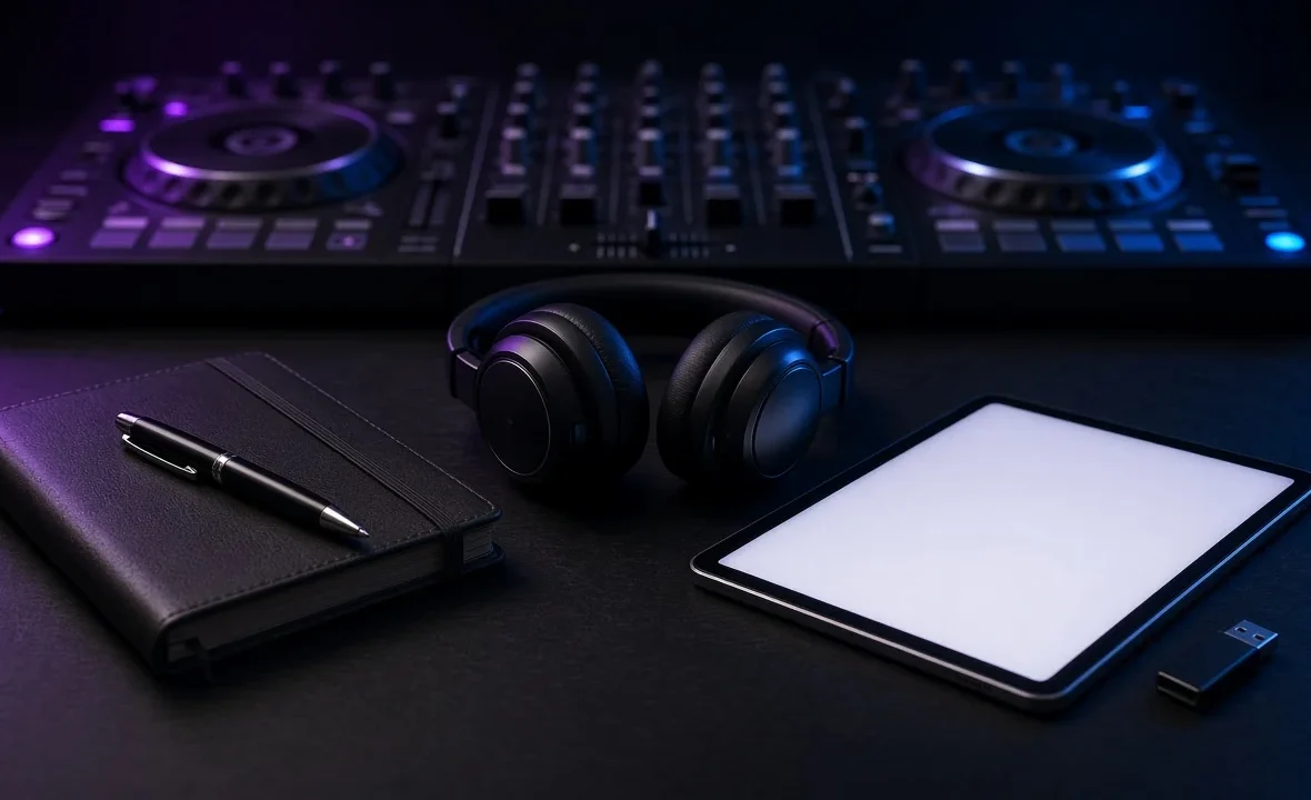 DJ controller, headphones, notebook and pen on a dark booth desk ready for booking paperwork