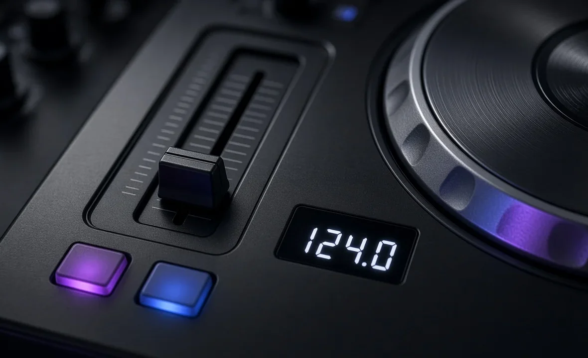 Close-up of a DJ player's tempo slider next to an illuminated jog wheel in a dark booth.
