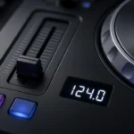 Close-up of a DJ player's tempo slider next to an illuminated jog wheel in a dark booth.