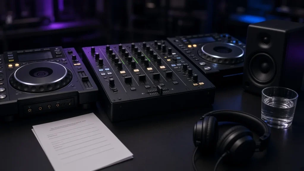 Club DJ booth with media players, mixer, booth monitor, headphones and a glass of water