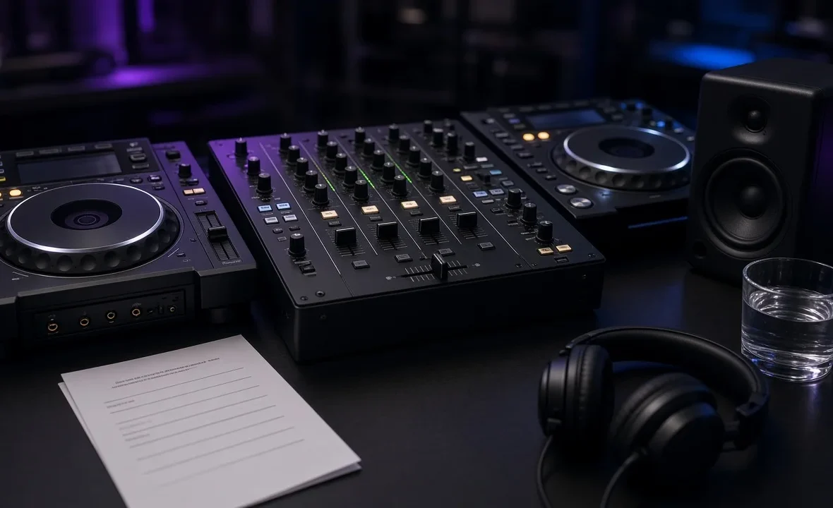 Club DJ booth with media players, mixer, booth monitor, headphones and a glass of water