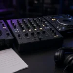 Club DJ booth with media players, mixer, booth monitor, headphones and a glass of water