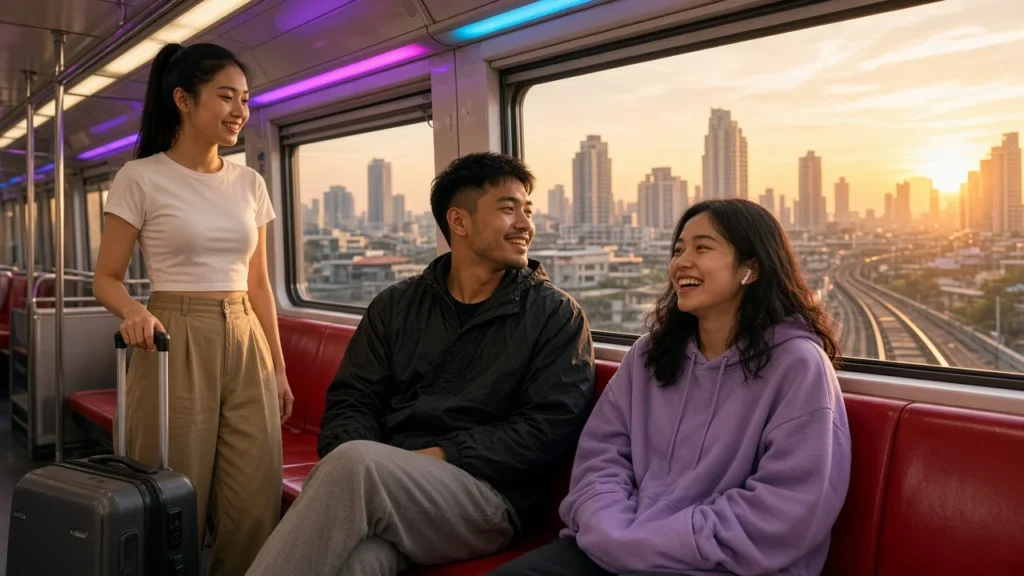 Young Thai travellers riding a commuter train from Don Mueang Airport into Bangkok