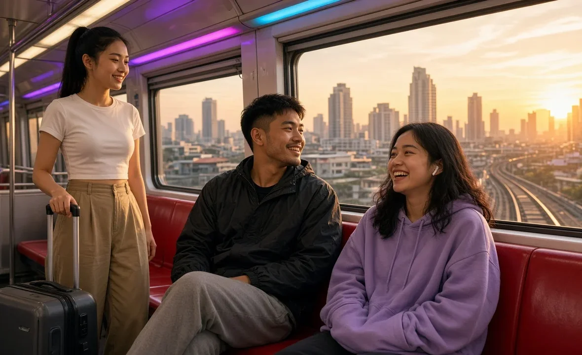 Young Thai travellers riding a commuter train from Don Mueang Airport into Bangkok