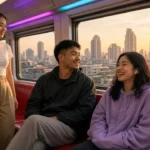 Young Thai travellers riding a commuter train from Don Mueang Airport into Bangkok