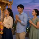 Three young Thai adults holding garlands and incense at a golden shrine in Bangkok in the evening.