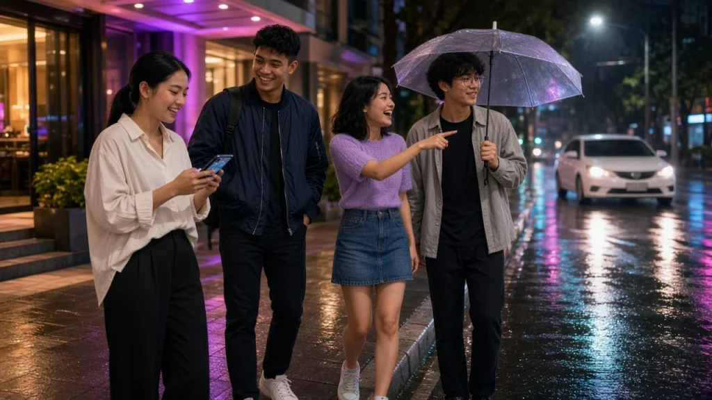 Young Thai friends waiting at a Bangkok kerbside at night as their ride-hailing car arrives