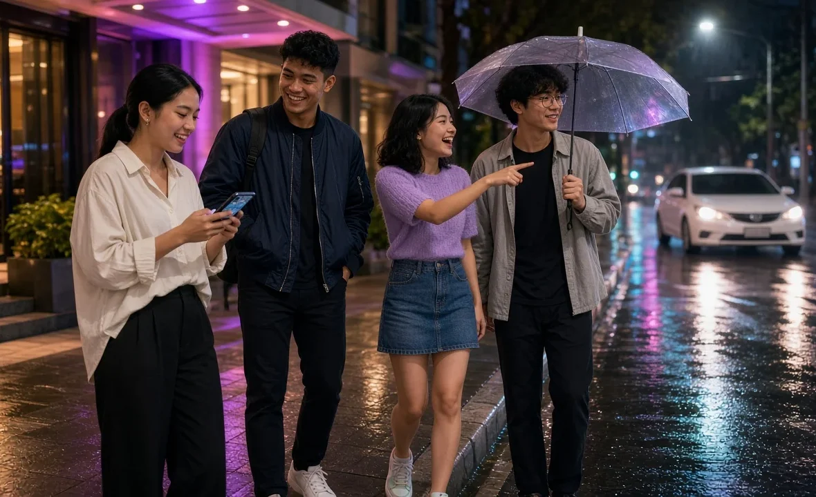Young Thai friends waiting at a Bangkok kerbside at night as their ride-hailing car arrives