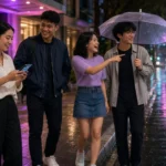 Young Thai friends waiting at a Bangkok kerbside at night as their ride-hailing car arrives