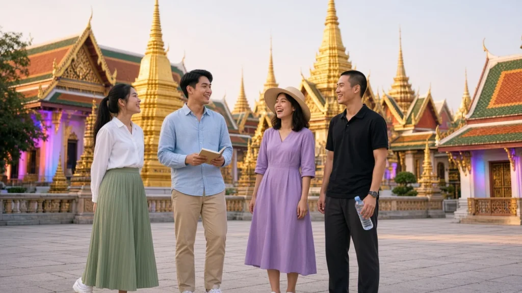Young Thai adults in respectful dress admiring golden spires in a Bangkok palace courtyard in the morning