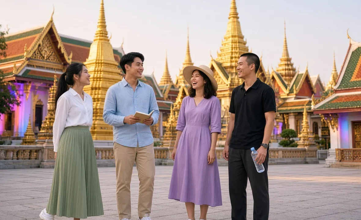Young Thai adults in respectful dress admiring golden spires in a Bangkok palace courtyard in the morning