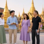 Young Thai adults in respectful dress admiring golden spires in a Bangkok palace courtyard in the morning