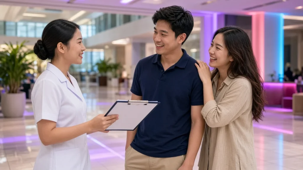 Young Thai nurse helping a relieved patient and his friend in a modern Bangkok private hospital lobby