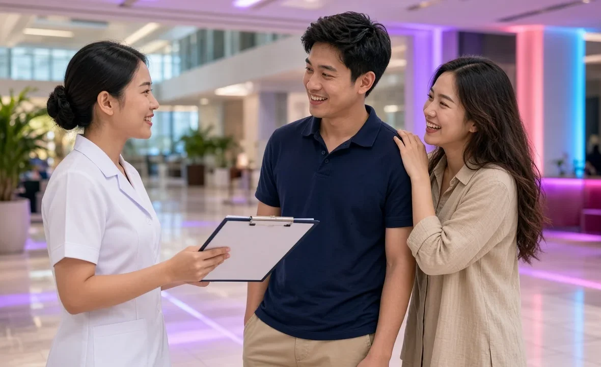 Young Thai nurse helping a relieved patient and his friend in a modern Bangkok private hospital lobby