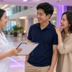 Young Thai nurse helping a relieved patient and his friend in a modern Bangkok private hospital lobby