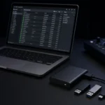 A DJ laptop connected to an external SSD and USB sticks in a dark booth, ready to back up a music library.