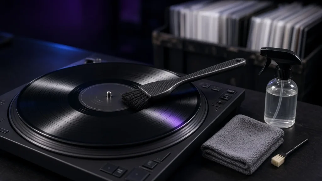 Carbon-fibre brush cleaning a vinyl record on a DJ turntable beside cleaning fluid and a microfibre cloth