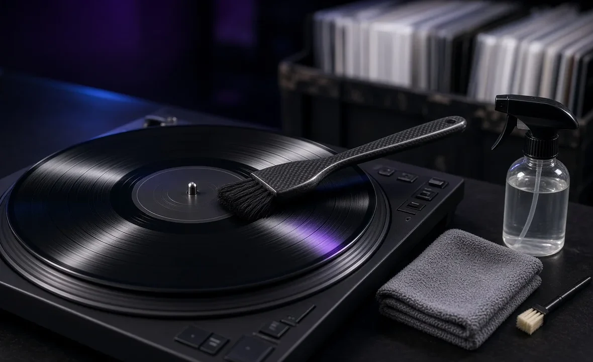 Carbon-fibre brush cleaning a vinyl record on a DJ turntable beside cleaning fluid and a microfibre cloth