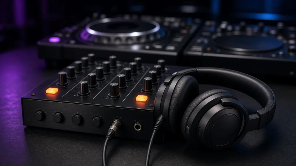 DJ headphones resting on a club mixer with glowing cue buttons and cue mix knob in a dark booth