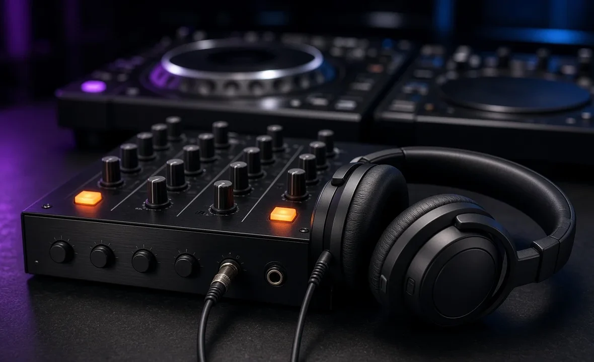 DJ headphones resting on a club mixer with glowing cue buttons and cue mix knob in a dark booth