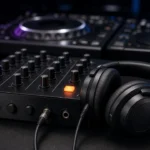 DJ headphones resting on a club mixer with glowing cue buttons and cue mix knob in a dark booth