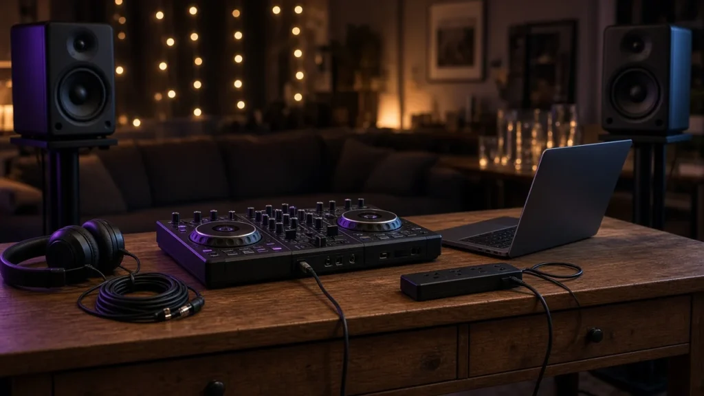 DJ controller, laptop and powered speakers set up on a sideboard in a living room for a house party