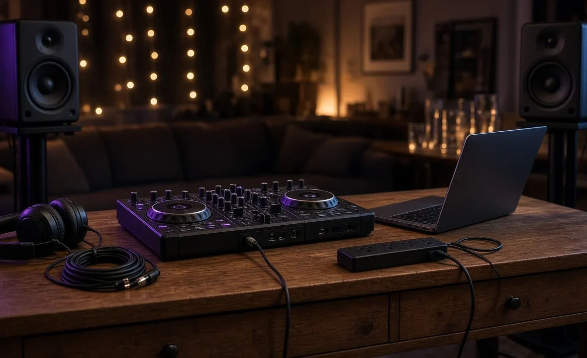 DJ controller, laptop and powered speakers set up on a sideboard in a living room for a house party