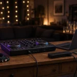 DJ controller, laptop and powered speakers set up on a sideboard in a living room for a house party