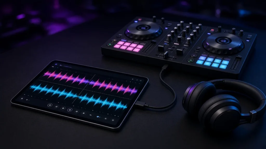A tablet running DJ software connected to a compact two-deck DJ controller with headphones in a dark booth.