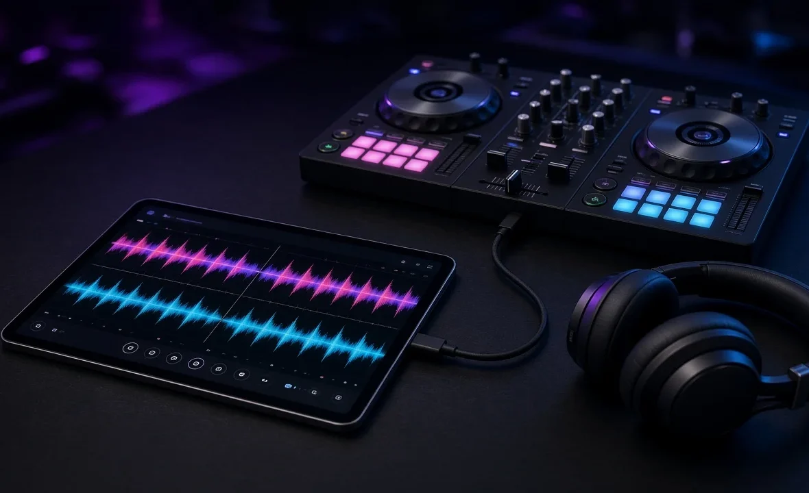 A tablet running DJ software connected to a compact two-deck DJ controller with headphones in a dark booth.