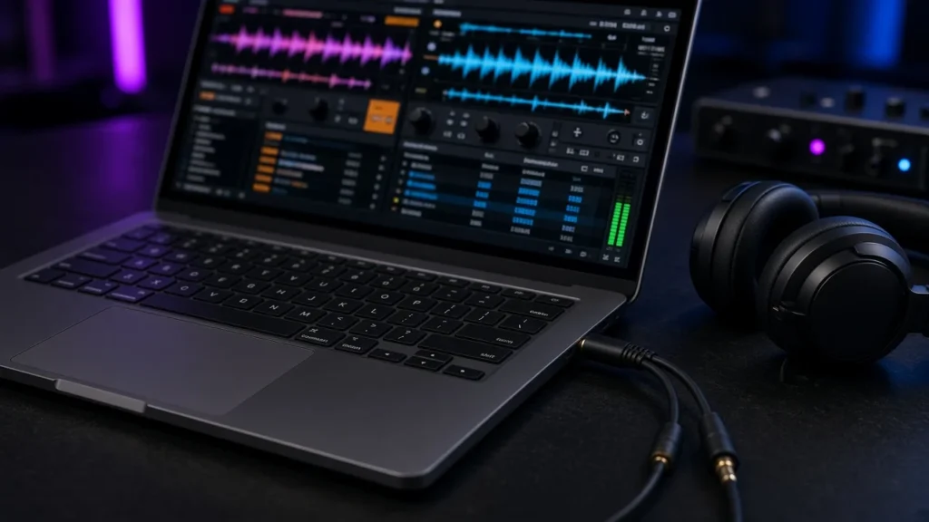 Open laptop running two-deck DJ software with a splitter cable and DJ headphones on a dark booth desk