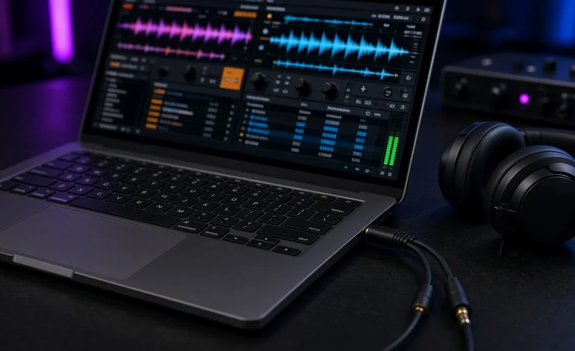 Open laptop running two-deck DJ software with a splitter cable and DJ headphones on a dark booth desk
