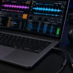 Open laptop running two-deck DJ software with a splitter cable and DJ headphones on a dark booth desk