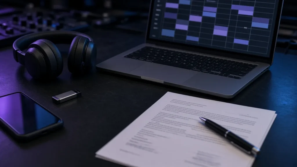 DJ headphones, laptop, phone and a contract on a desk in a dark studio