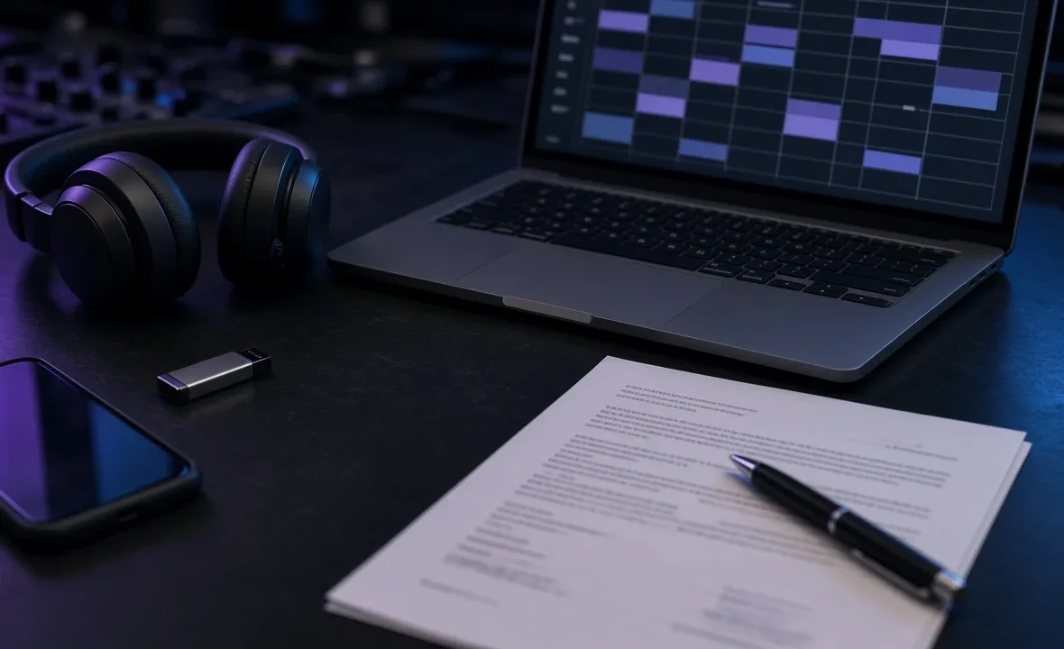 DJ headphones, laptop, phone and a contract on a desk in a dark studio