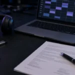 DJ headphones, laptop, phone and a contract on a desk in a dark studio