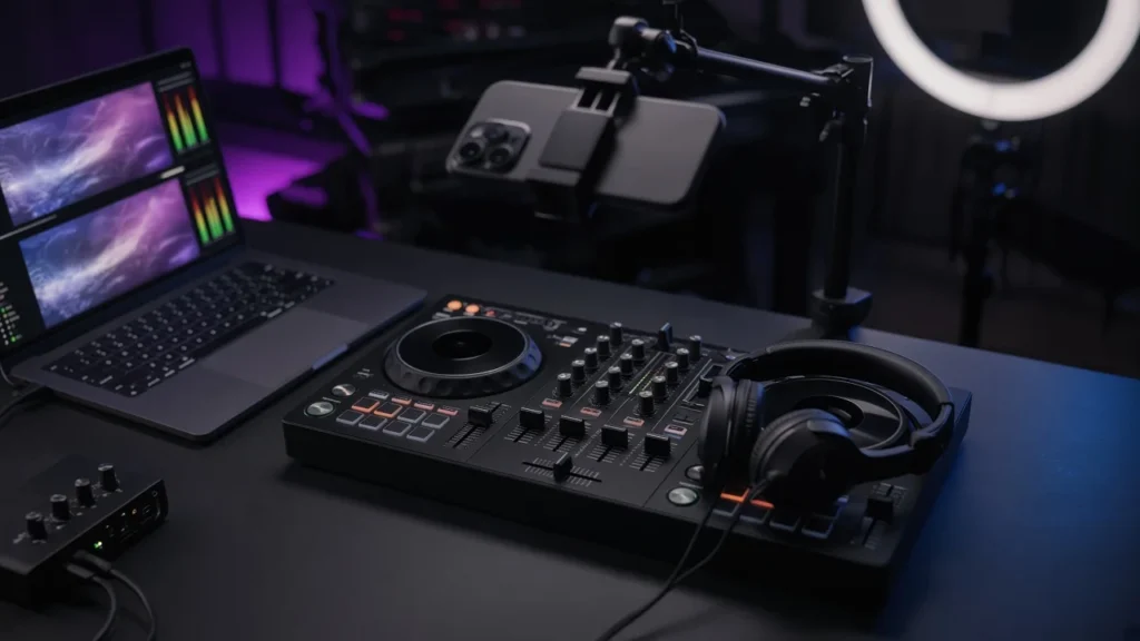 DJ controller with a phone on a tripod, laptop and audio interface set up for live streaming in a dark studio