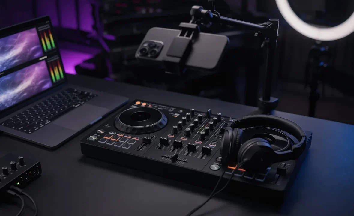 DJ controller with a phone on a tripod, laptop and audio interface set up for live streaming in a dark studio