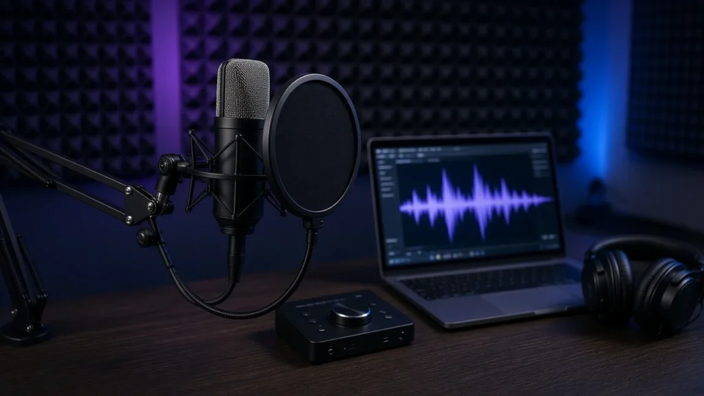 Condenser microphone with pop filter, audio interface and laptop set up for recording a DJ voice tag