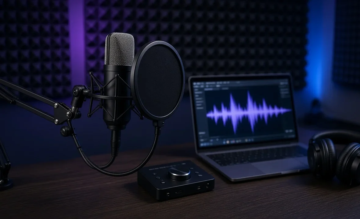 Condenser microphone with pop filter, audio interface and laptop set up for recording a DJ voice tag