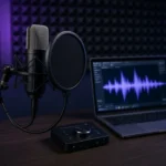 Condenser microphone with pop filter, audio interface and laptop set up for recording a DJ voice tag