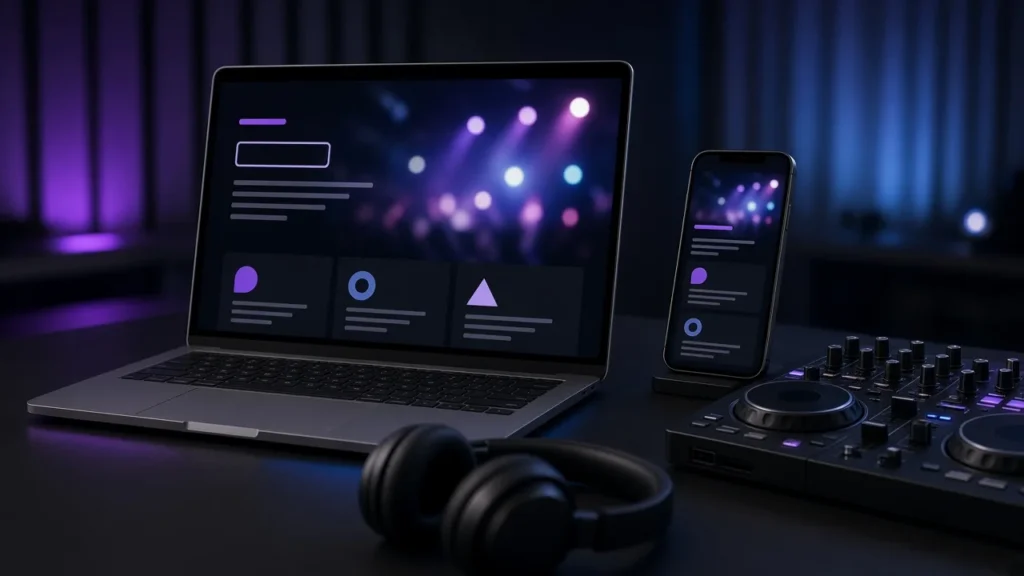 Laptop and smartphone showing a dark DJ website layout beside a DJ controller and headphones
