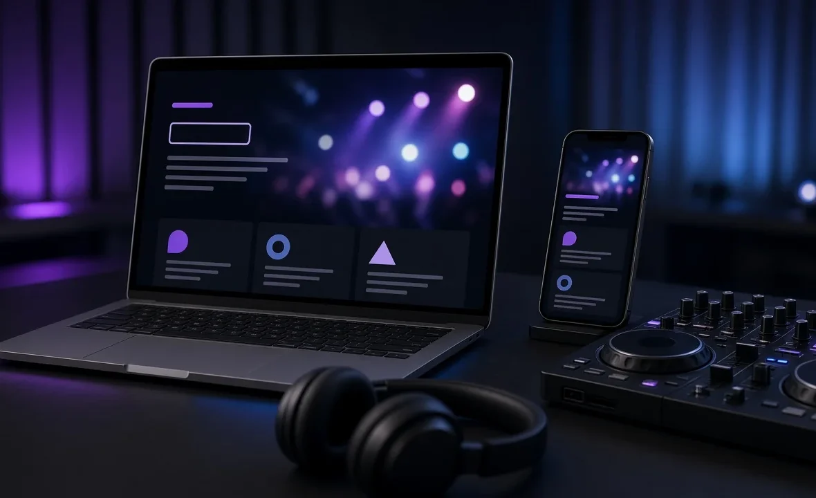 Laptop and smartphone showing a dark DJ website layout beside a DJ controller and headphones