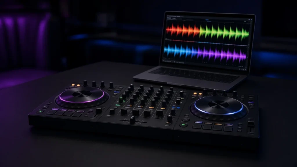 DJ controller and laptop showing colourful stacked audio waveforms in a dark DJ booth