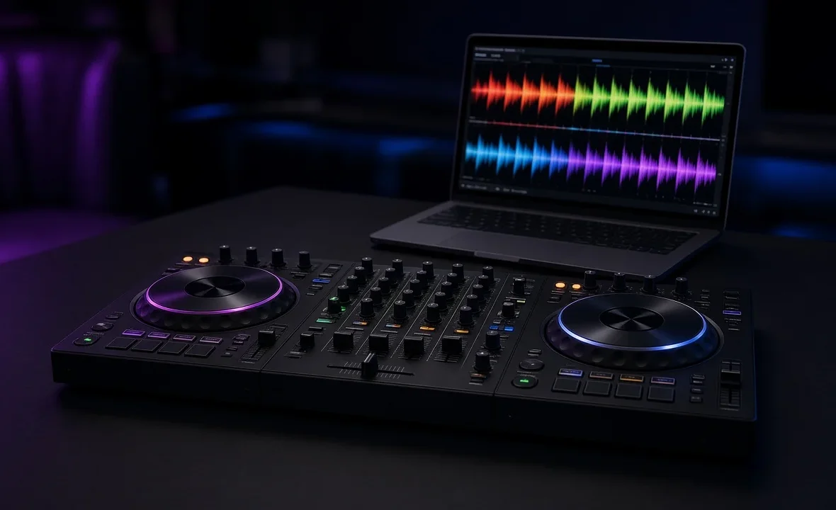 DJ controller and laptop showing colourful stacked audio waveforms in a dark DJ booth