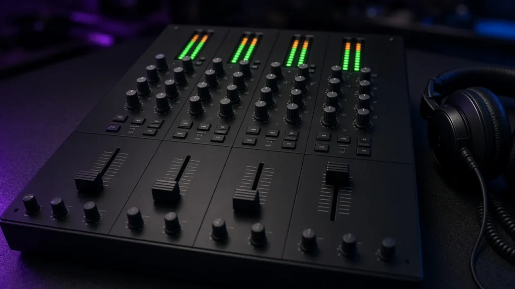 Four-channel club DJ mixer with glowing level meters and EQ knobs in a dark DJ booth