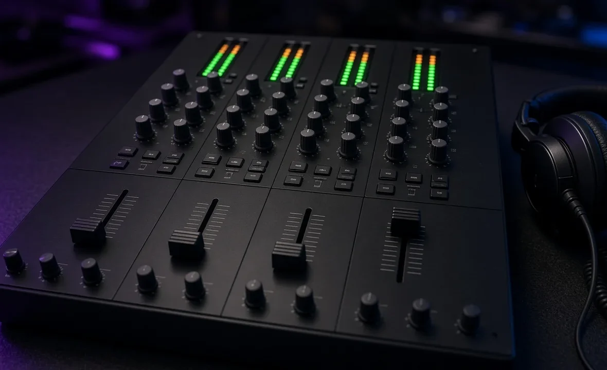 Four-channel club DJ mixer with glowing level meters and EQ knobs in a dark DJ booth